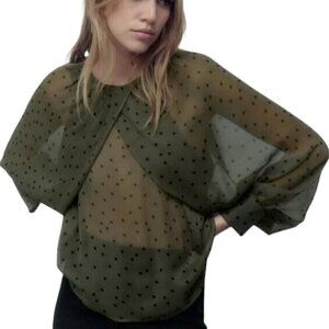 Zara Polka Dot Semi-Sheer Top with Cape Sleeves - Green/Brown/Black, Size S